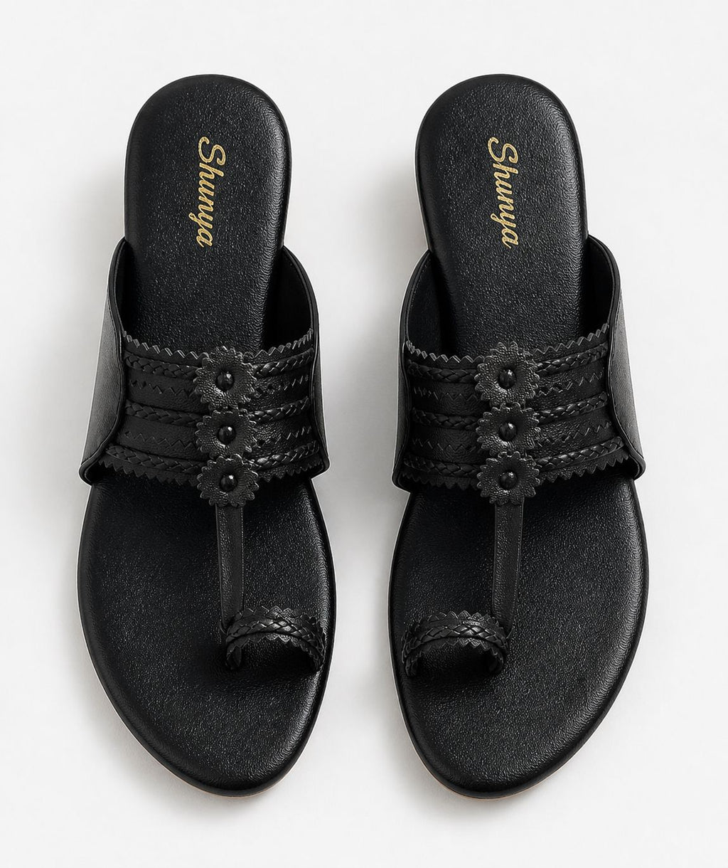 Shanya Women's Black Toe Ring Kolhapuri Block Heel Sandals for Women & Girls | Traditional Ethnic Slip-On Low Heels Footwear