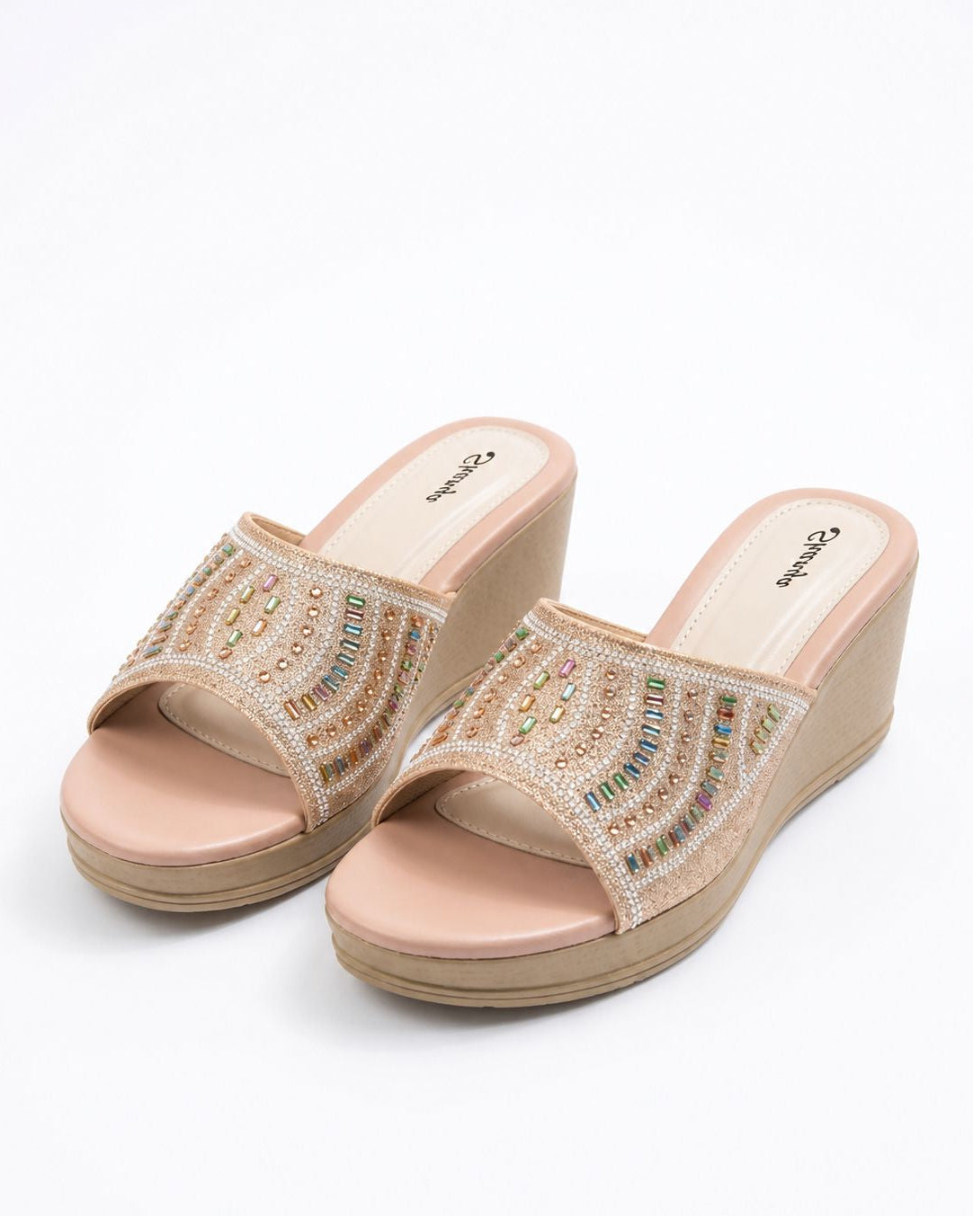 Peach Designer Women Embellished Wedge Heels | Festive & Party Wear Ethnic Slip-On Sandals for Ladies