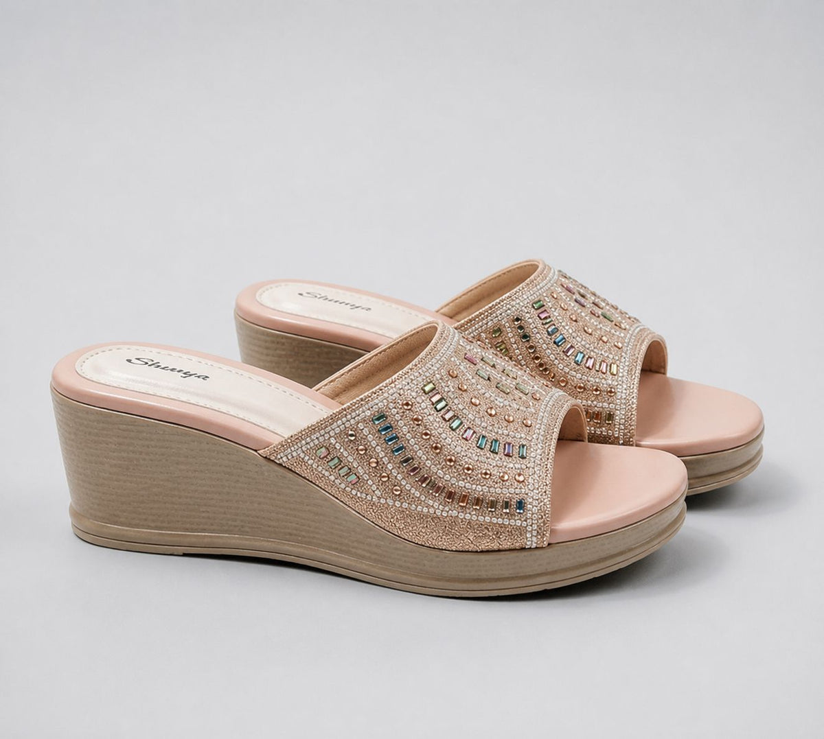 Peach Designer Women Embellished Wedge Heels | Festive & Party Wear Ethnic Slip-On Sandals for Ladies