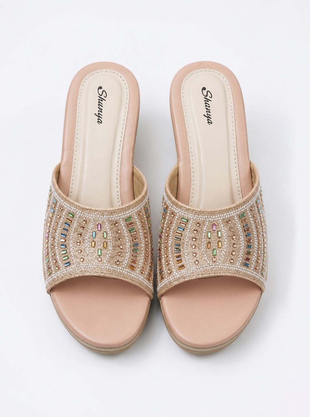 Peach Designer Women Embellished Wedge Heels | Festive & Party Wear Ethnic Slip-On Sandals for Ladies