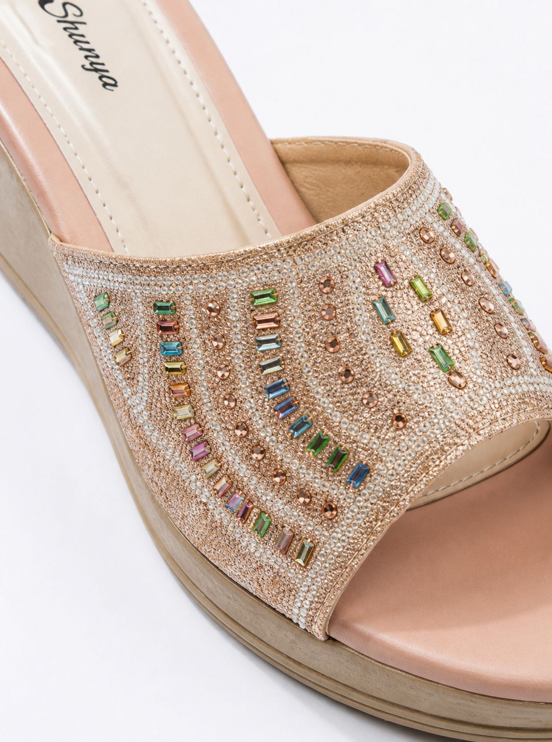 Peach Designer Women Embellished Wedge Heels | Festive & Party Wear Ethnic Slip-On Sandals for Ladies