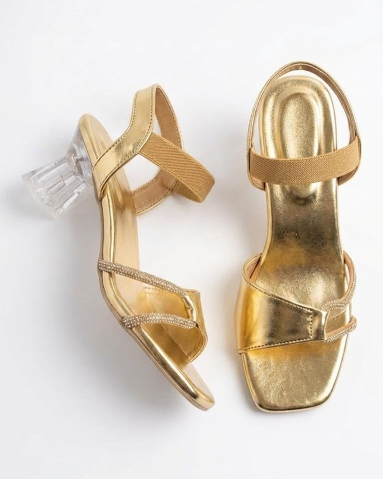 Women Transparent Heel Gold Open-Toe Block Heels with Rhinestone Straps & Ankle Support