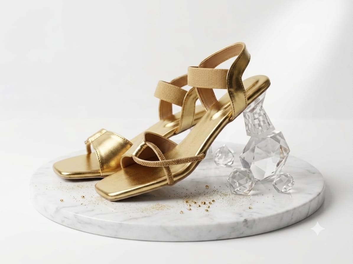 Women Transparent Heel Gold Open-Toe Block Heels with Rhinestone Straps & Ankle Support