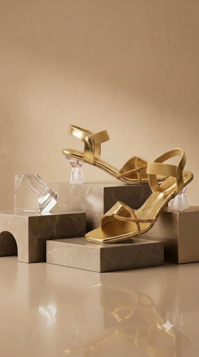 Women Transparent Heel Gold Open-Toe Block Heels with Rhinestone Straps & Ankle Support