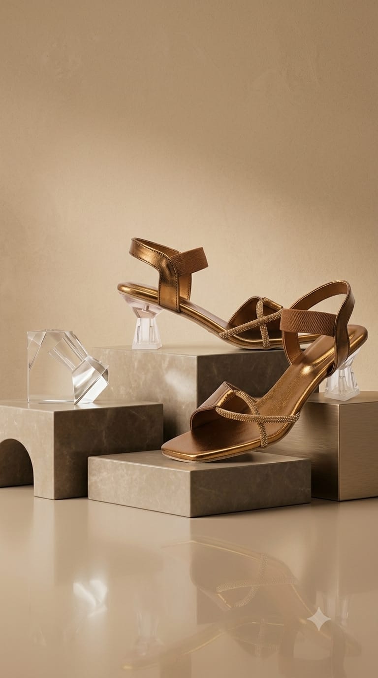 Women Transparent Heel Copper/mattalic Open-Toe Block Heels with Rhinestone Straps & Ankle Support