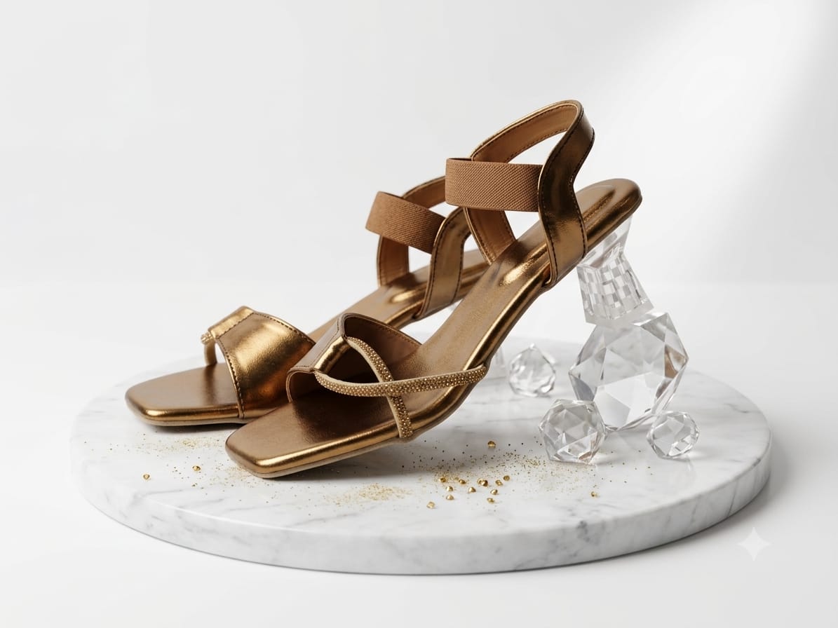 Women Transparent Heel Copper/mattalic Open-Toe Block Heels with Rhinestone Straps & Ankle Support
