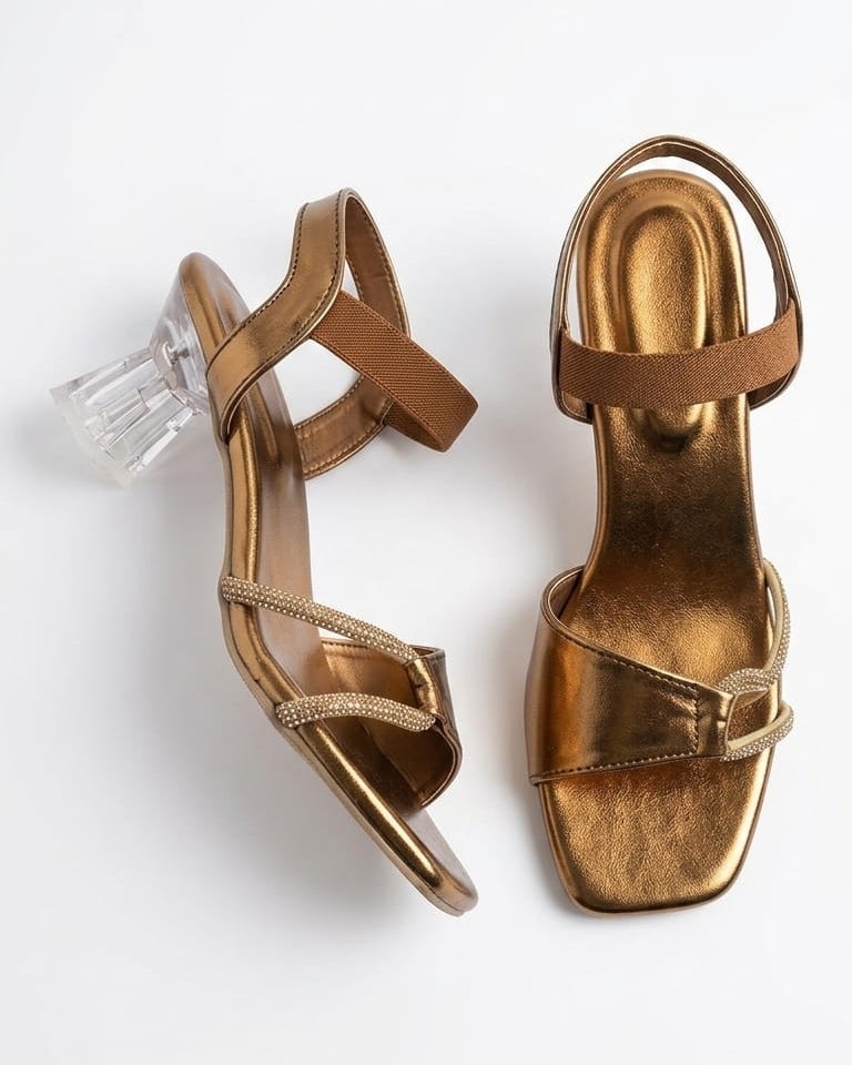Women Transparent Heel Copper/mattalic Open-Toe Block Heels with Rhinestone Straps & Ankle Support