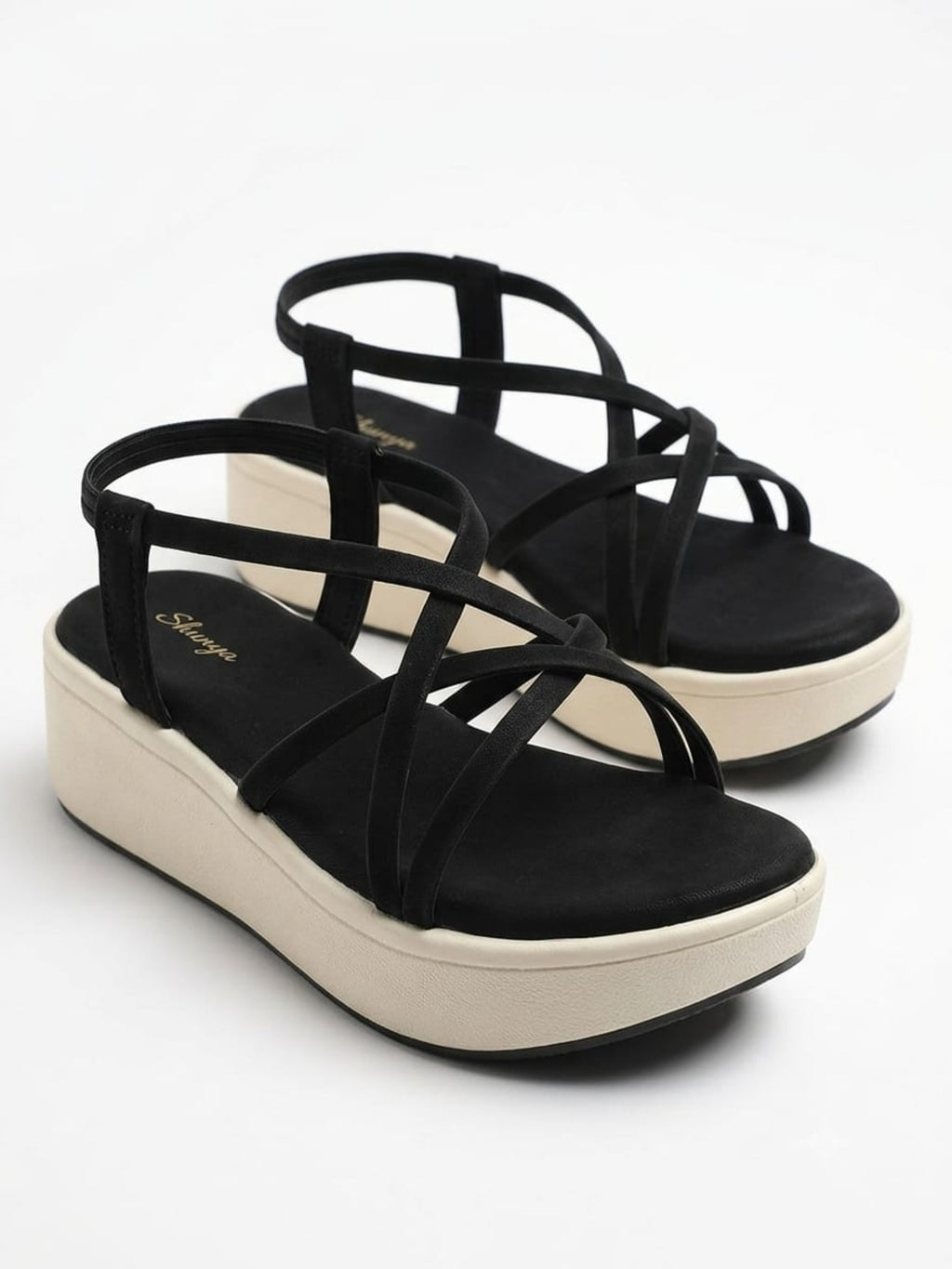 Shunya Women's Black Strappy Crisscross Slingback Platform Wedges