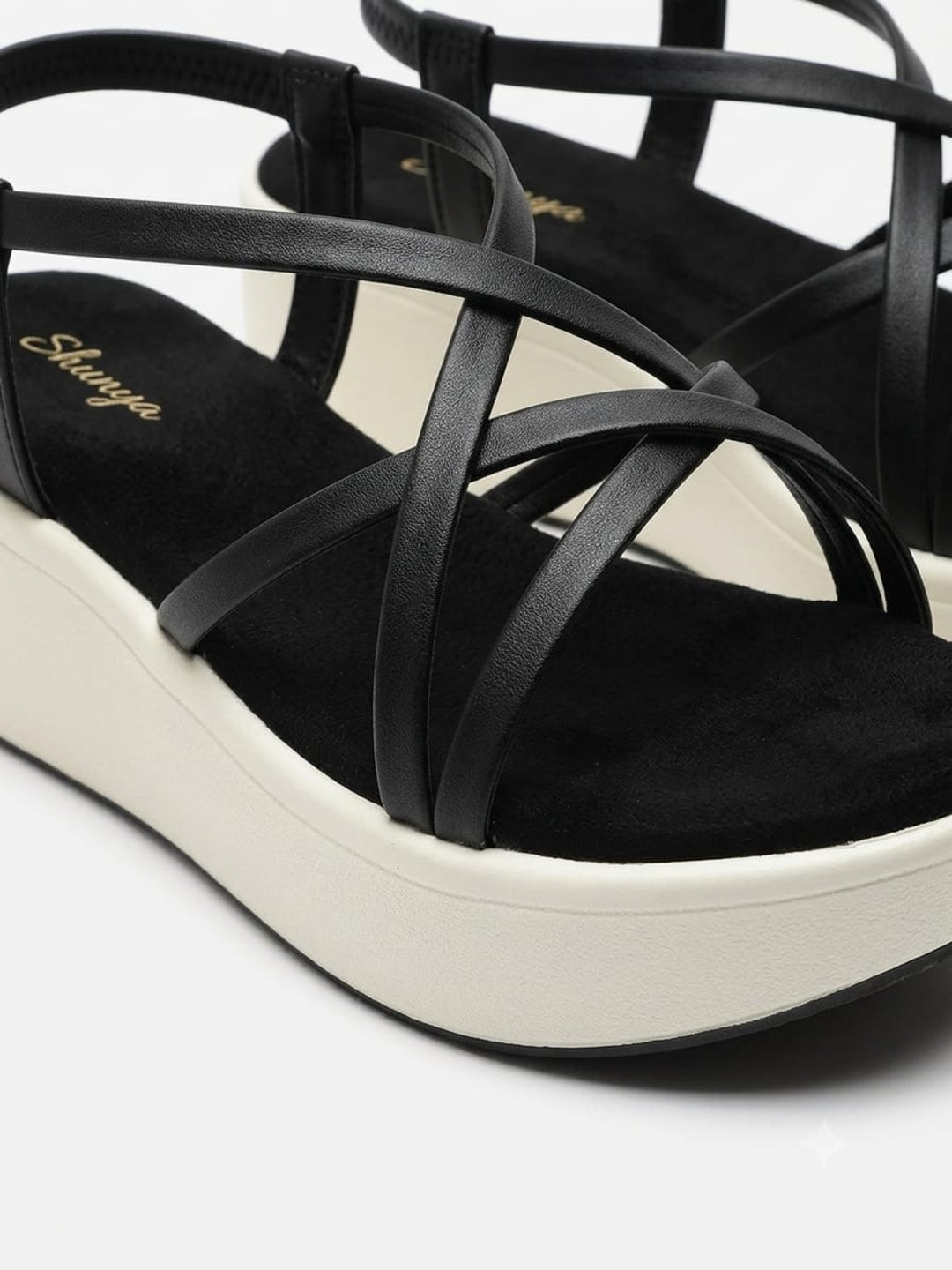 Shunya Women's Black Strappy Crisscross Slingback Platform Wedges