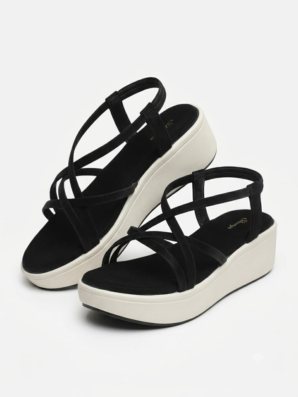 Shunya Women's Black Strappy Crisscross Slingback Platform Wedges