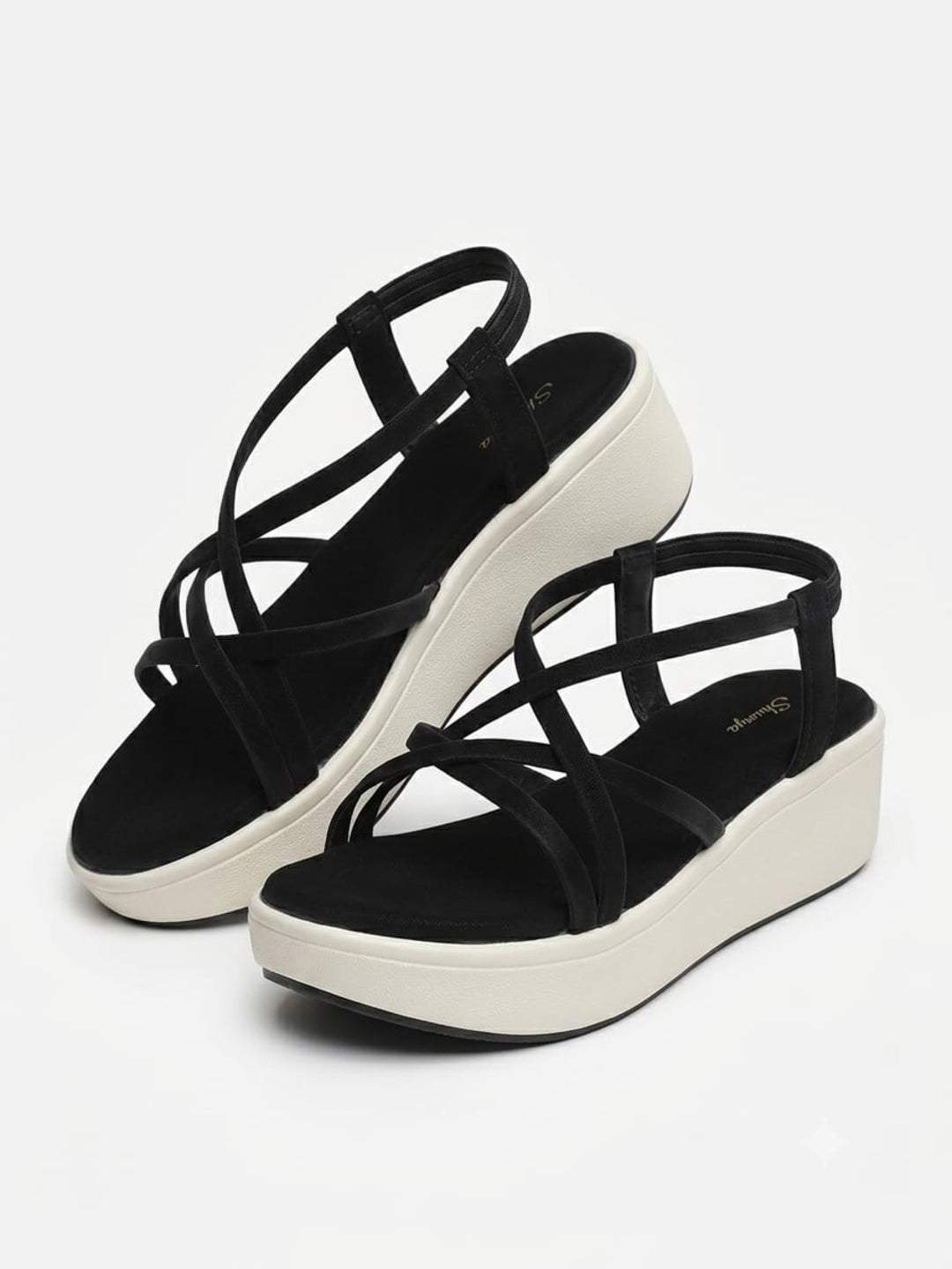 Shunya Women's Black Strappy Crisscross Slingback Platform Wedges