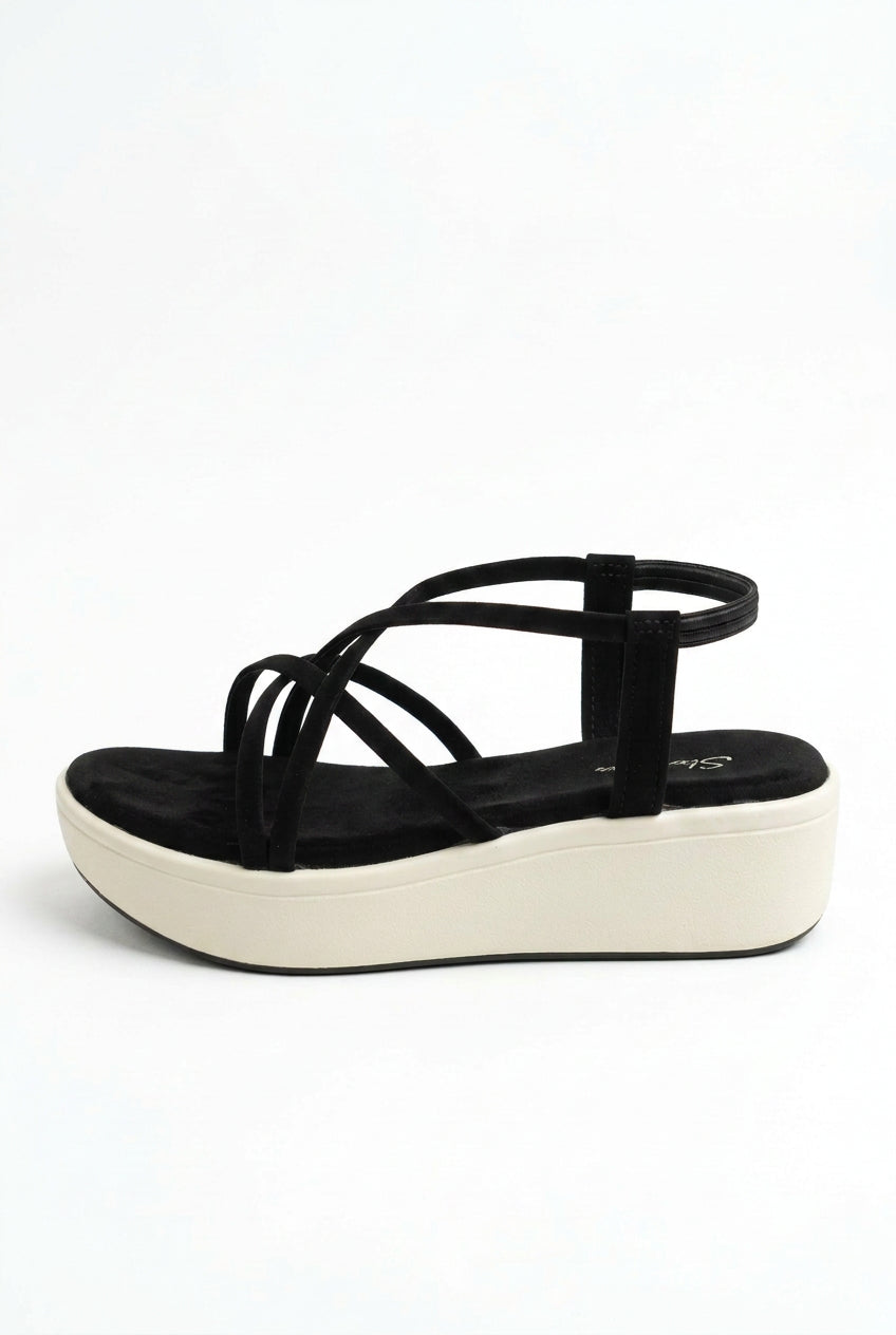 Shunya Women's Black Strappy Crisscross Slingback Platform Wedges
