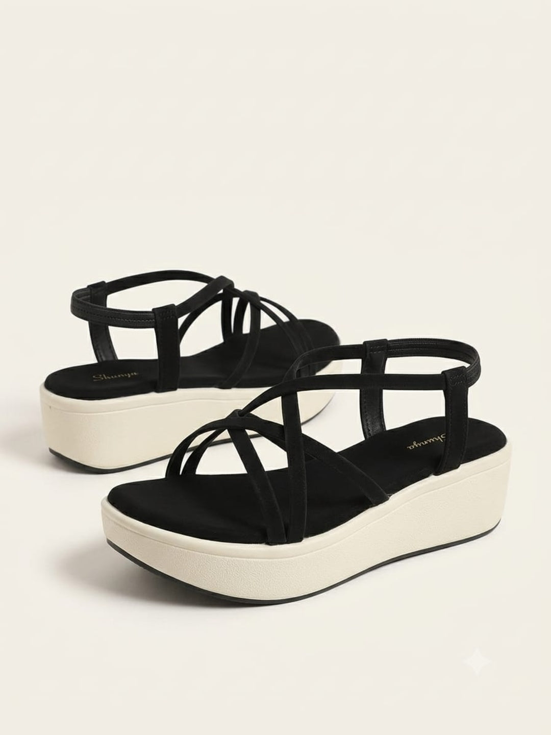 Shunya Women's Black Strappy Crisscross Slingback Platform Wedges