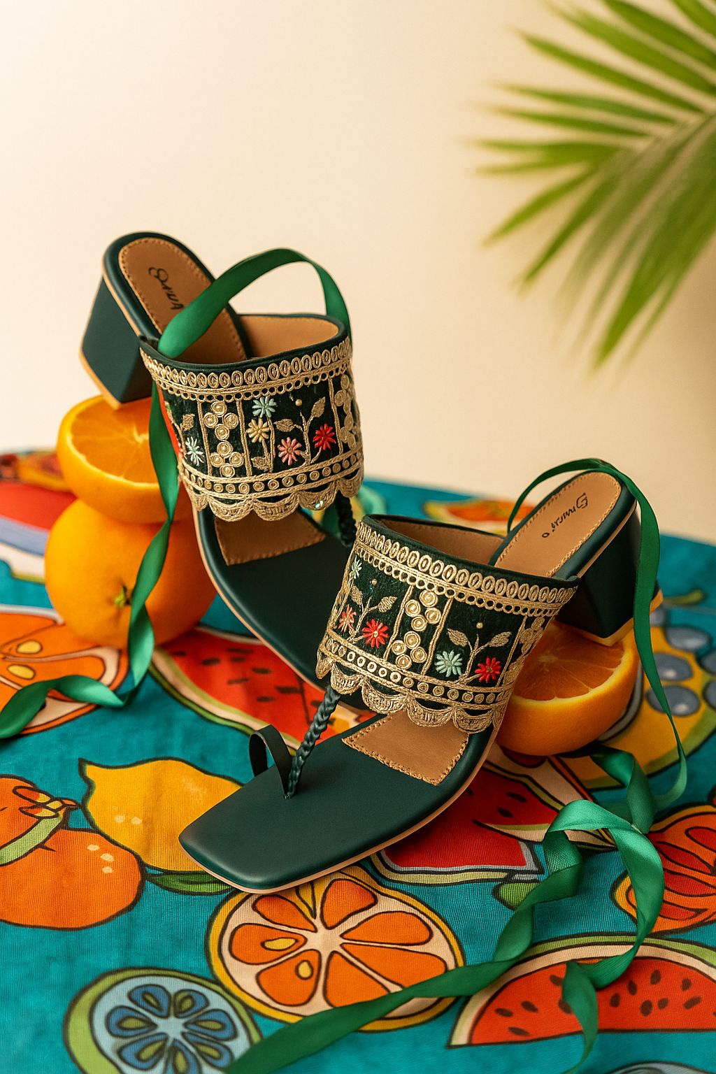 Shunya Women Comfortable Green Ethnic toe ring Hand Embroidery lace Open Square Toe Block Heel Slip-On Sandal For Traditional and Wedding Occassions