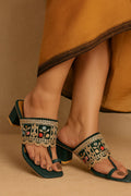 Shunya Women Comfortable Green Ethnic toe ring Hand Embroidery lace Open Square Toe Block Heel Slip-On Sandal For Traditional and Wedding Occassions