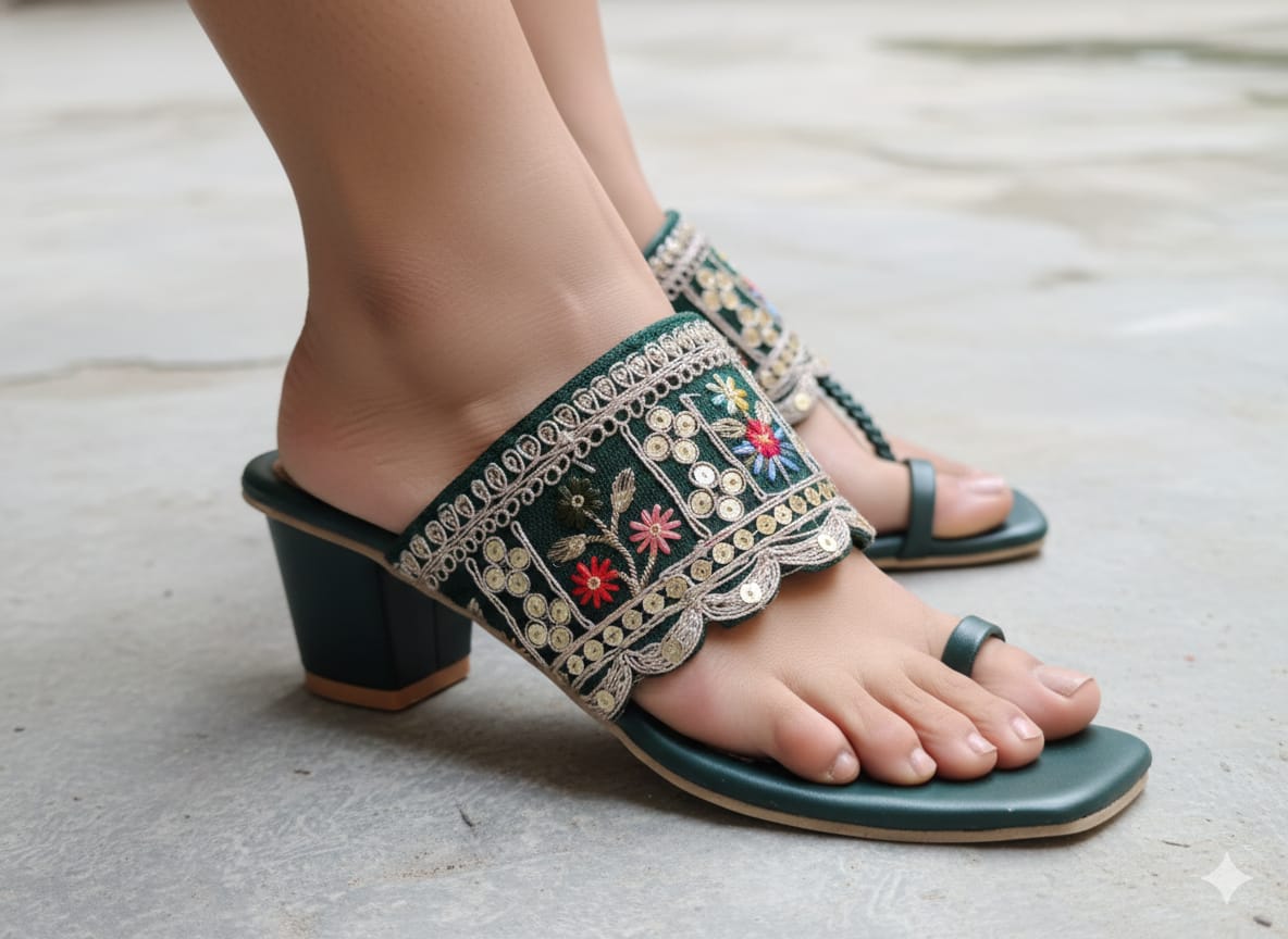 Emerald Green Embroidered Block Heel Toe-Ring Sandals