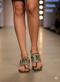 Emerald Green Embroidered Block Heel Toe-Ring Sandals