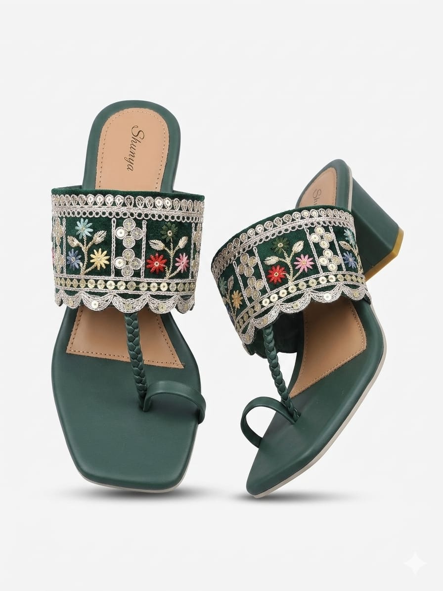 Emerald Green Embroidered Block Heel Toe-Ring Sandals
