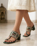 Emerald Green Embroidered Block Heel Toe-Ring Sandals