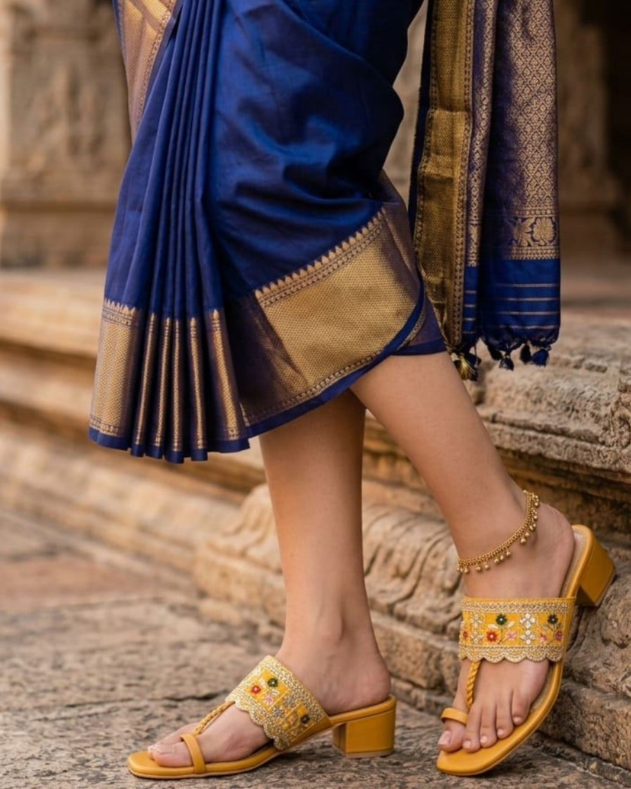 Emerald Yellow Embroidered Block Heel Toe-Ring Sandals