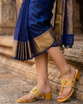 Emerald Yellow Embroidered Block Heel Toe-Ring Sandals