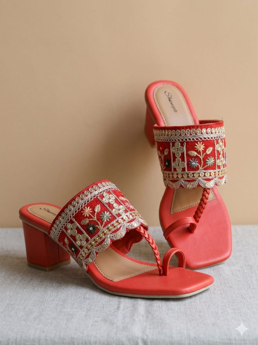 Emerald Red Embroidered Block Heel Toe-Ring Sandals