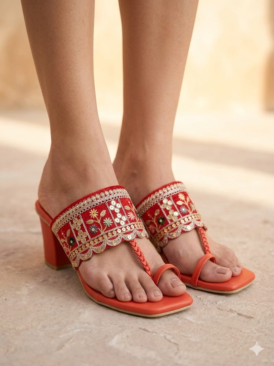Emerald Red Embroidered Block Heel Toe-Ring Sandals