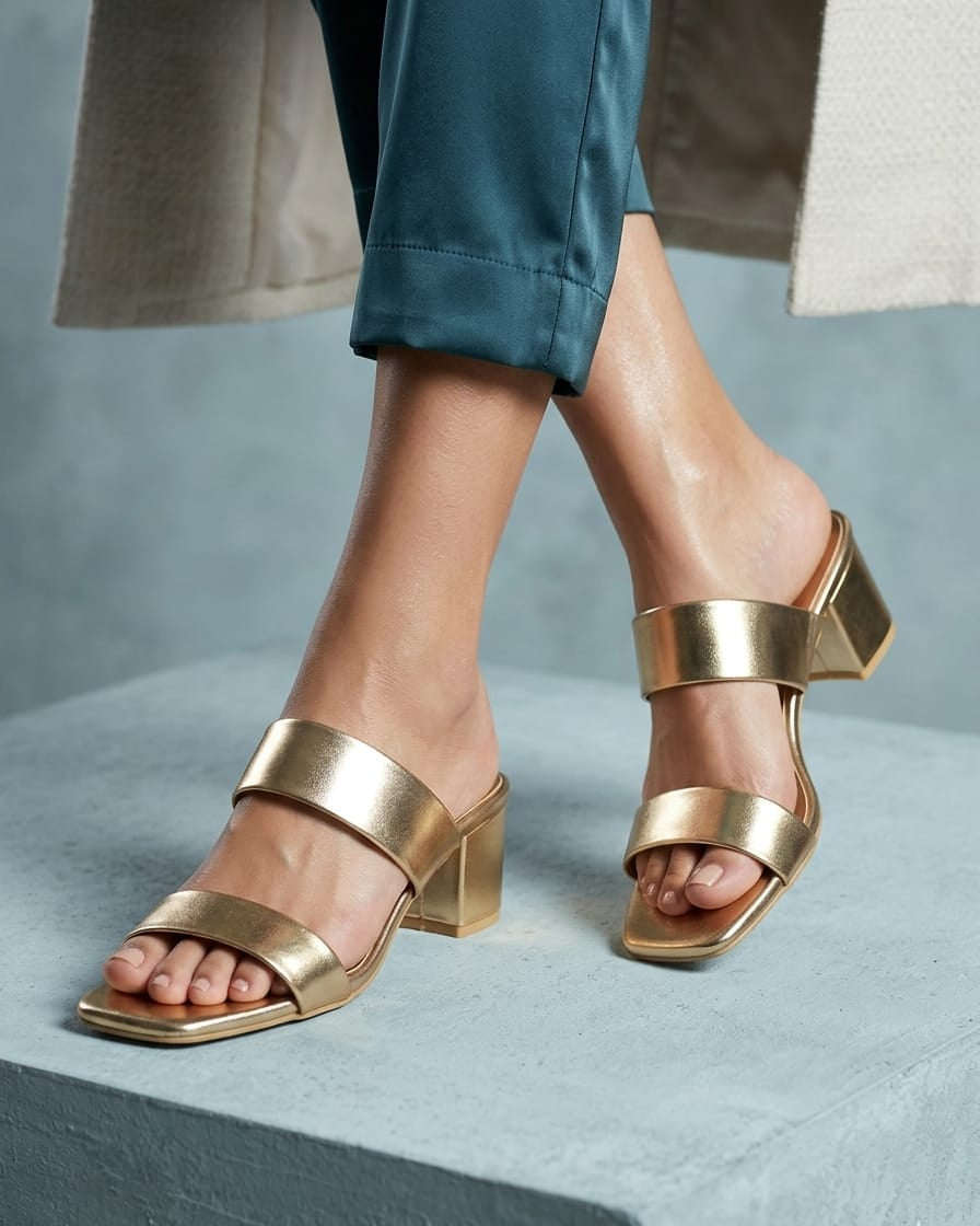 Women’s Stylish R.Gold Block Heel Sandals | Elegant Slip-On Party & Office Wear Heels