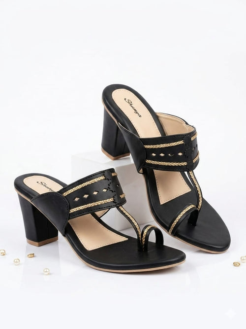 Black Ethnic Kolhapuri Block Heels Sandal