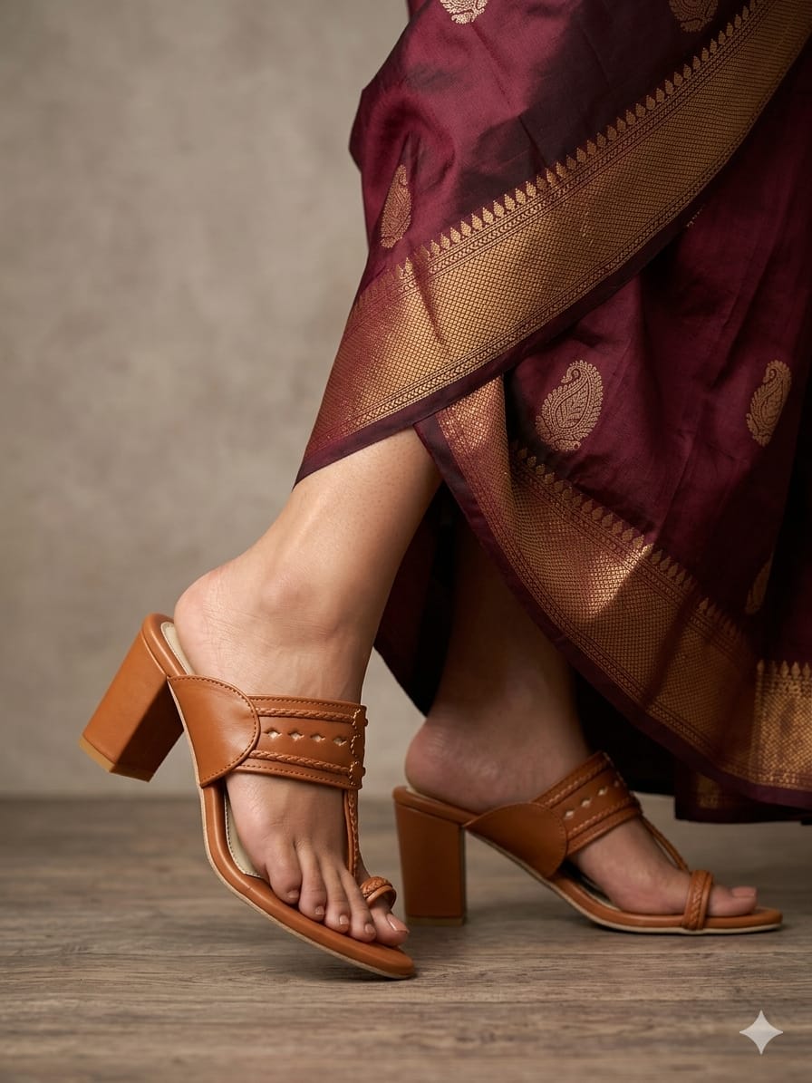 Tan Ethnic Kolhapuri Block Heels Sandal