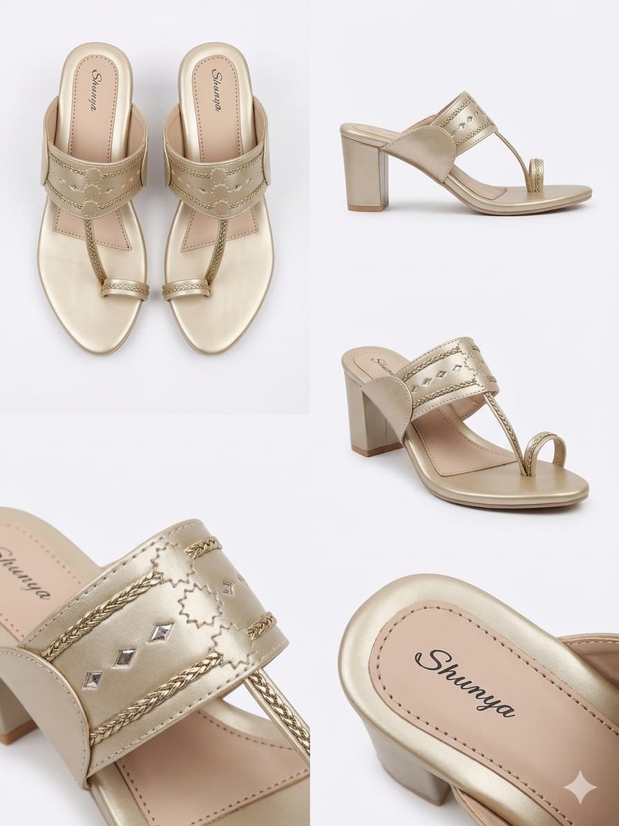 Gold Ethnic Kolhapuri Block Heels Sandal