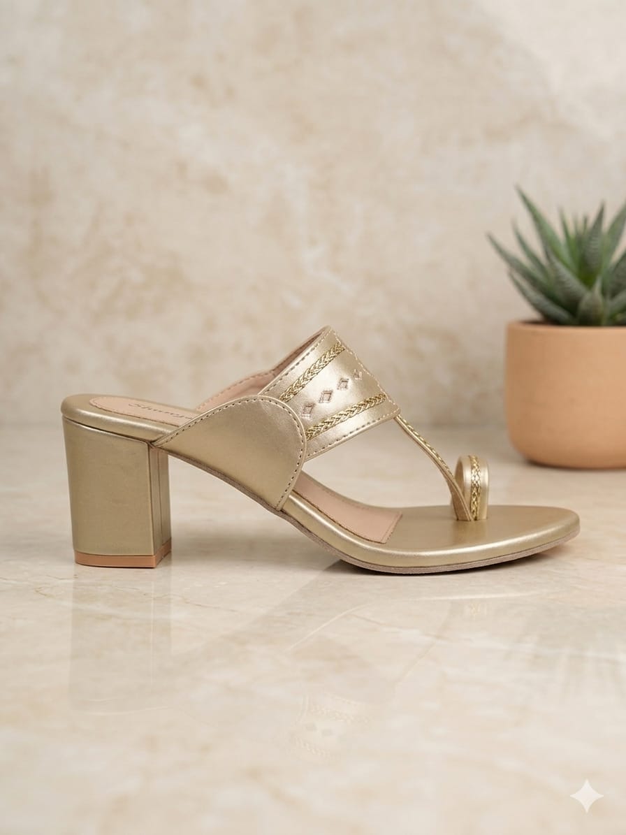 Gold Ethnic Kolhapuri Block Heels Sandal
