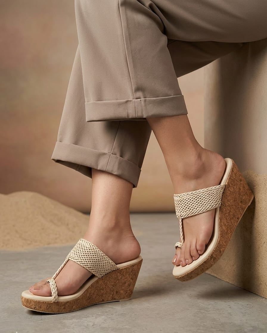 Beige Braided Toe Ring Wedge Sandal