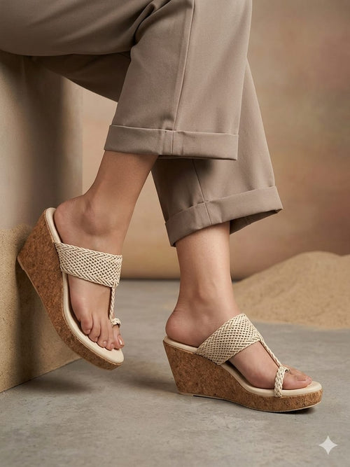 Beige Braided Toe Ring Wedge Sandal