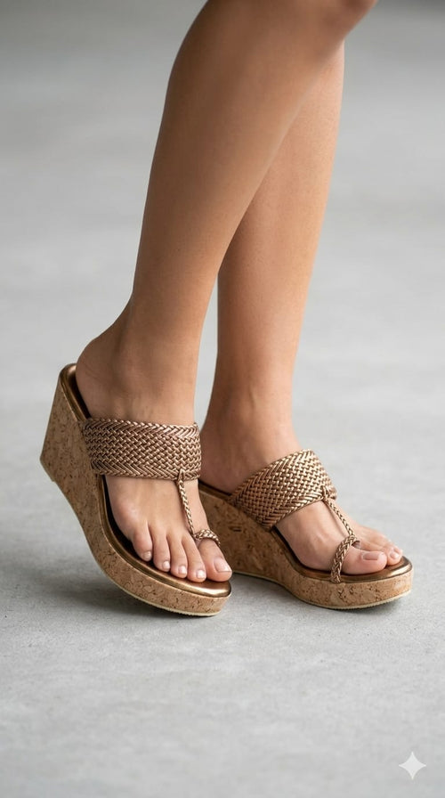 Copper Braided Toe Ring Wedge Sandal