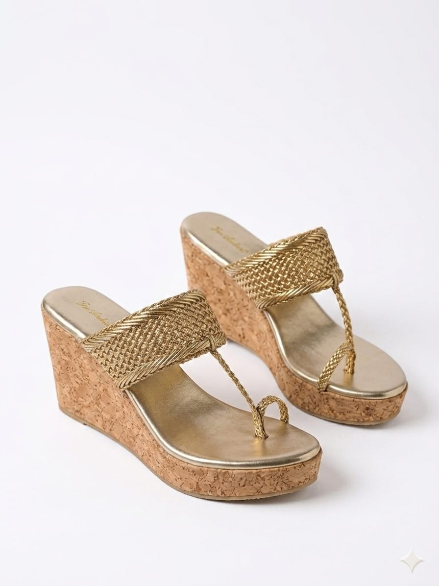 Gold Braided Toe Ring Wedge Sandal