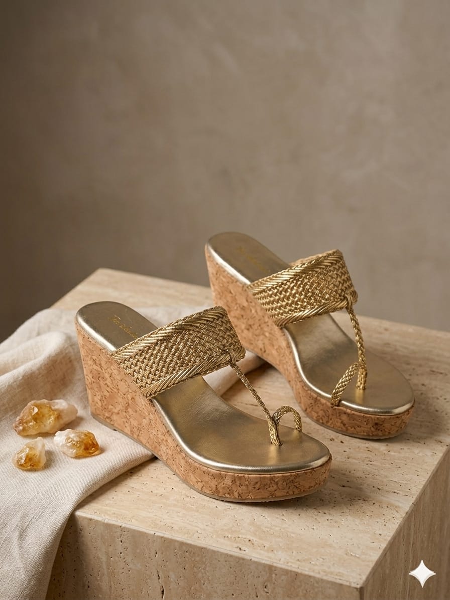 Gold Braided Toe Ring Wedge Sandal