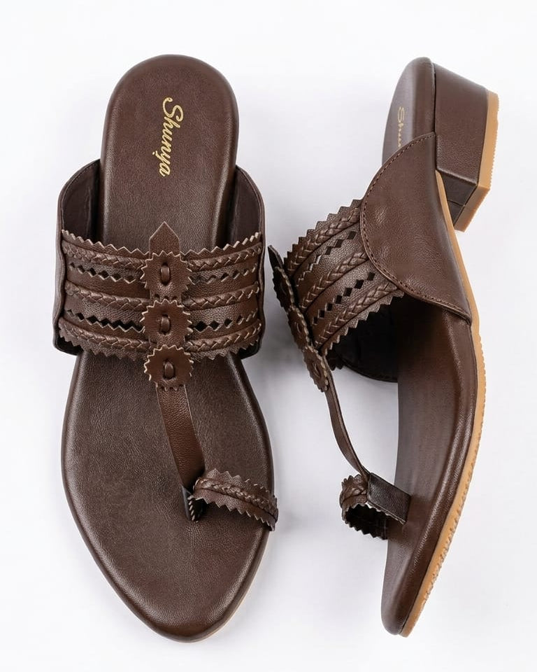 Shanya Women's Brown Toe Ring Kolhapuri Block Heel Sandals for Women & Girls | Traditional Ethnic Slip-On Low Heels Footwear