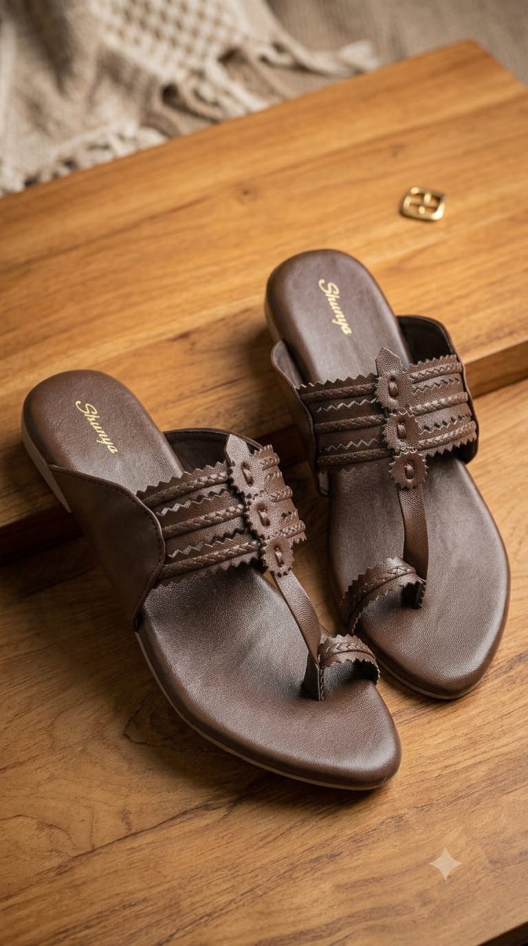 Shanya Women's Brown Toe Ring Kolhapuri Block Heel Sandals for Women & Girls | Traditional Ethnic Slip-On Low Heels Footwear