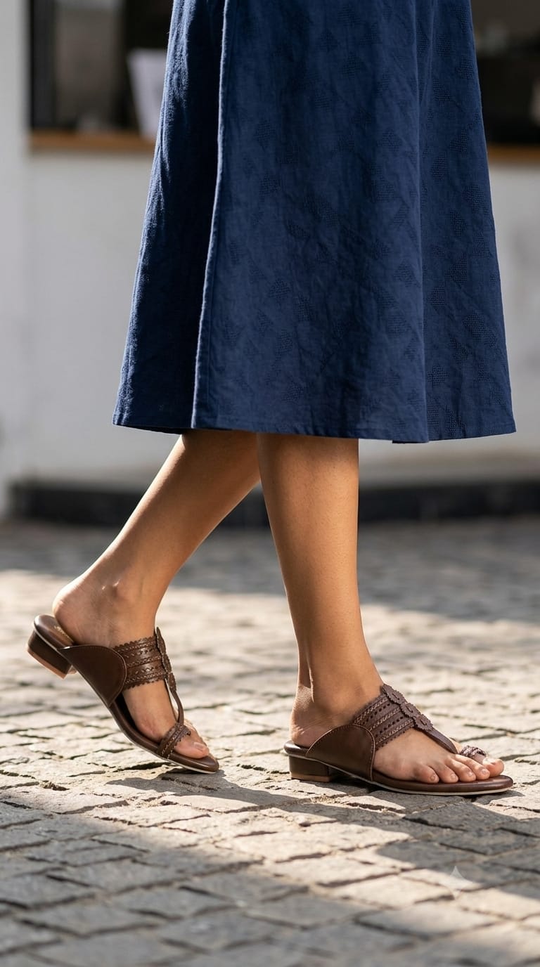 Shanya Women's Brown Toe Ring Kolhapuri Block Heel Sandals for Women & Girls | Traditional Ethnic Slip-On Low Heels Footwear