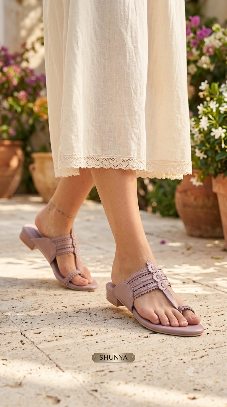 Shanya Women's Lavender/Pink Toe Ring Kolhapuri Block Heel Sandals for Women & Girls | Traditional Ethnic Slip-On Low Heels Footwear