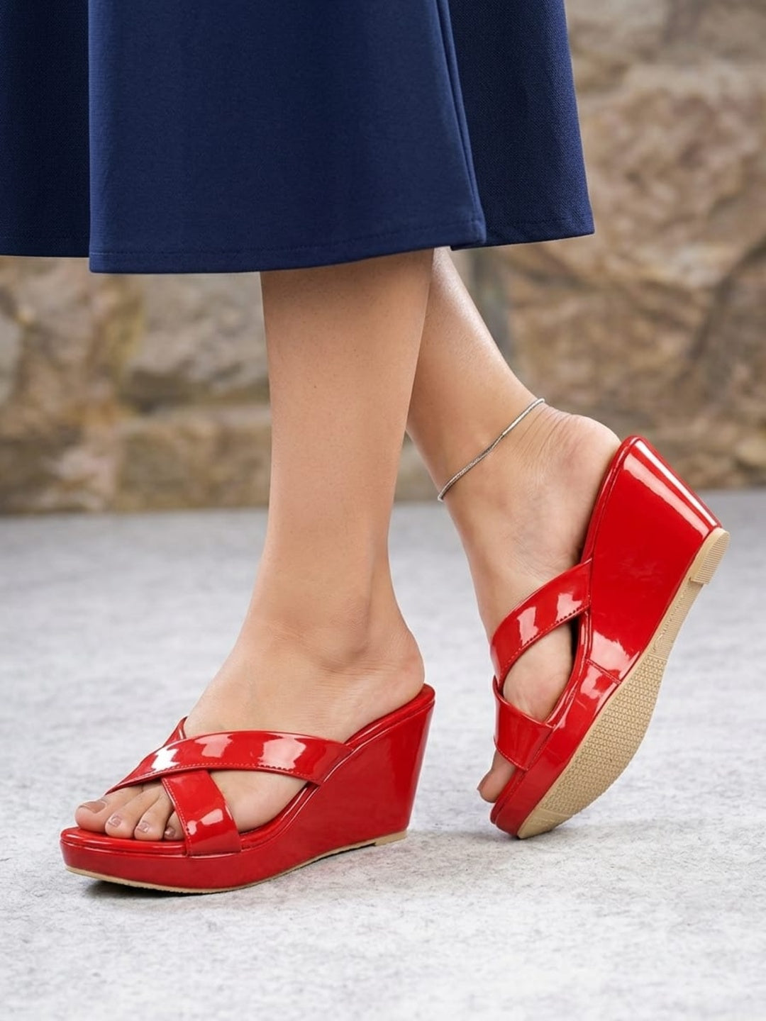 Red Criss Cross Wedge Sandal