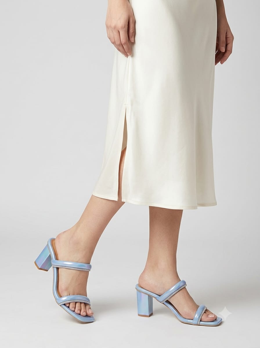 Sky Blue Crystal-Strap Block Heels