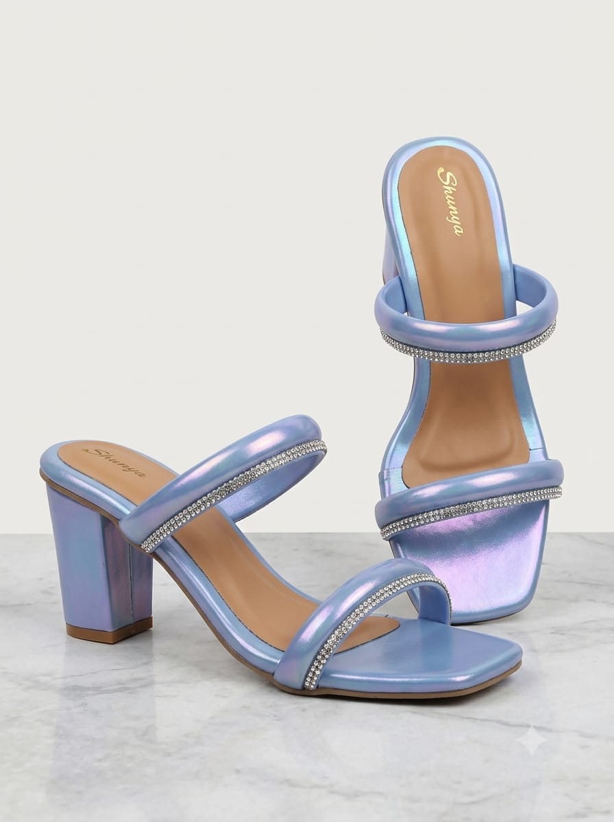 Sky Blue Crystal-Strap Block Heels