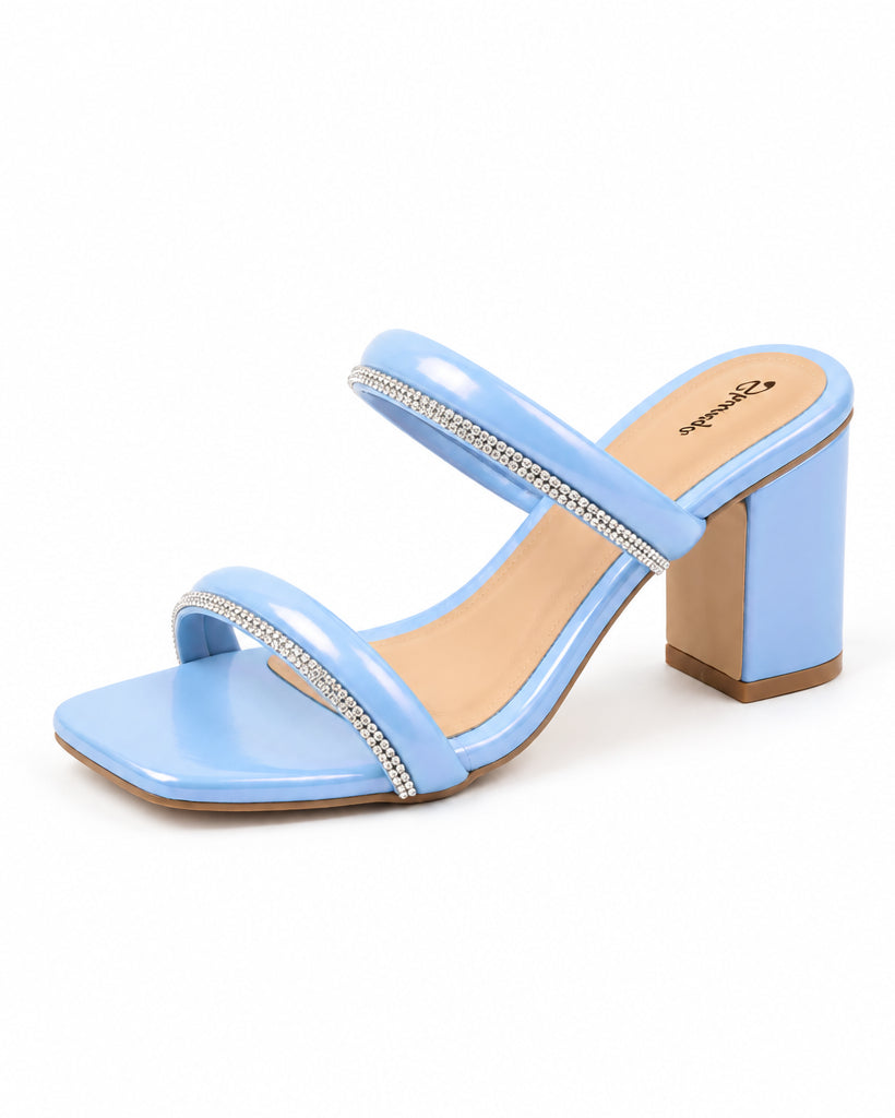 Sky Blue Crystal-Strap Block Heels