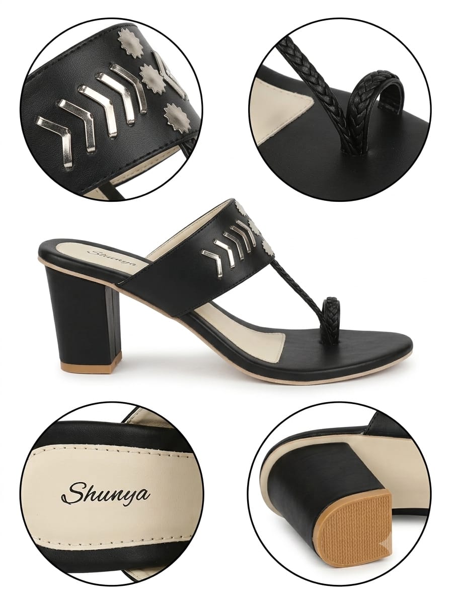 Black Ethnic Kolhapuri Triangle Heels Sandal