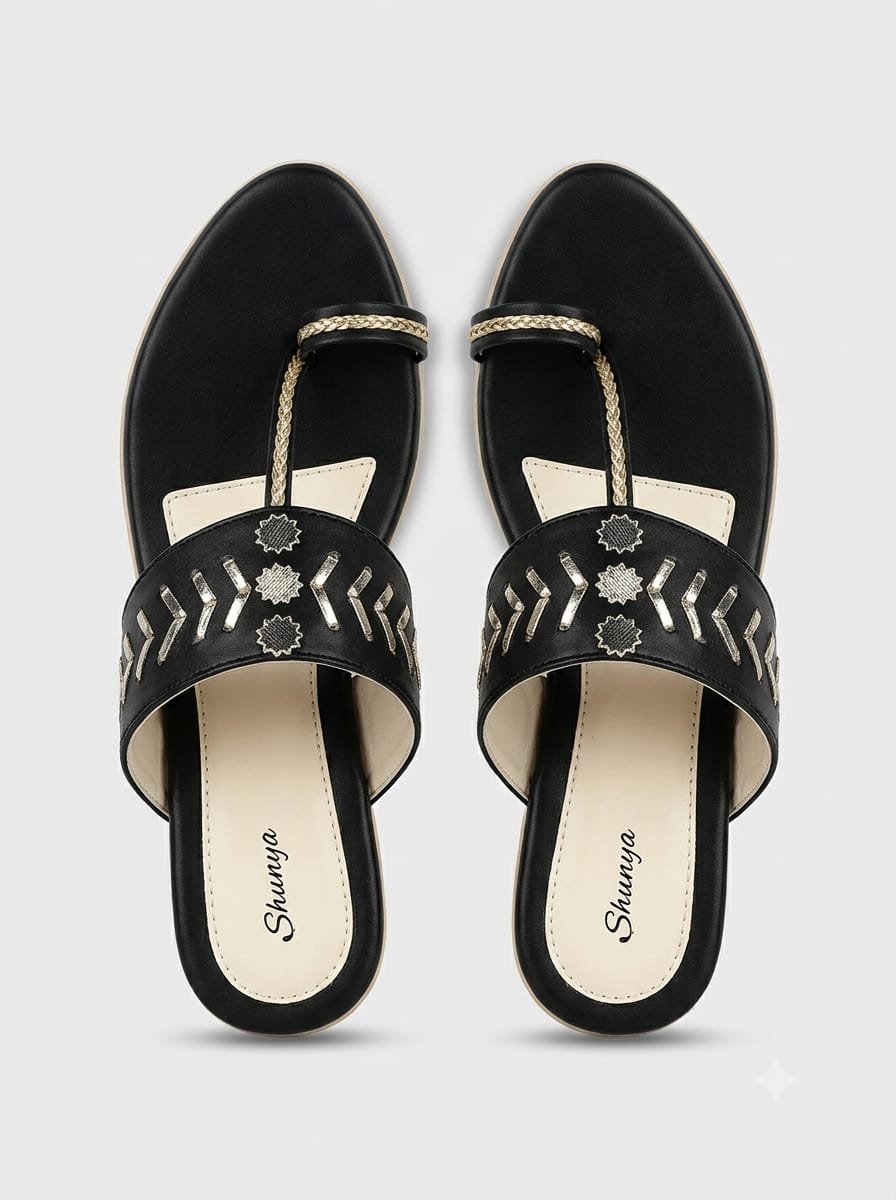 Black Ethnic Kolhapuri Triangle Heels Sandal