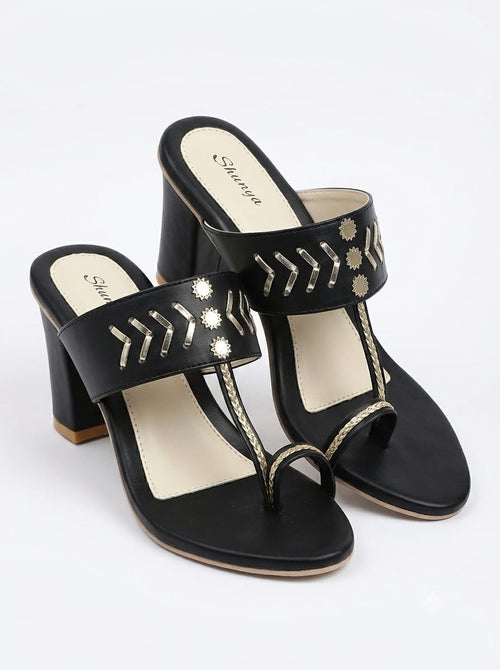 Black Ethnic Kolhapuri Triangle Heels Sandal