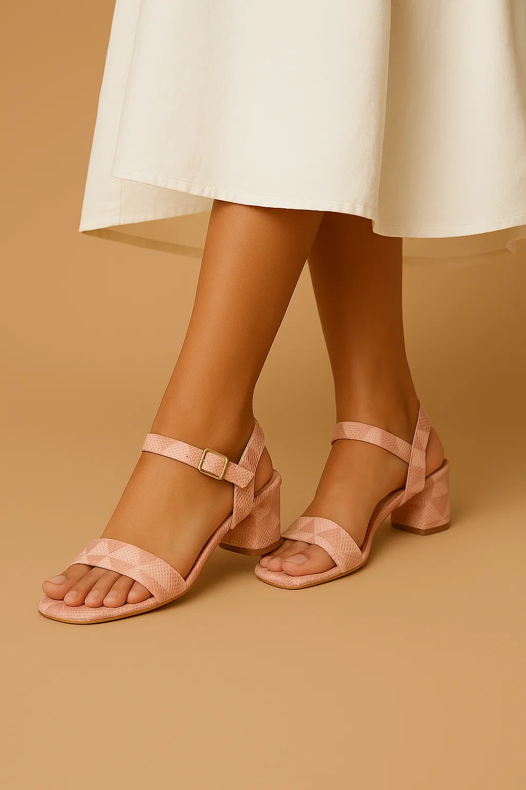 Soft Pink Textured Block-Heel Sandals by Shunya