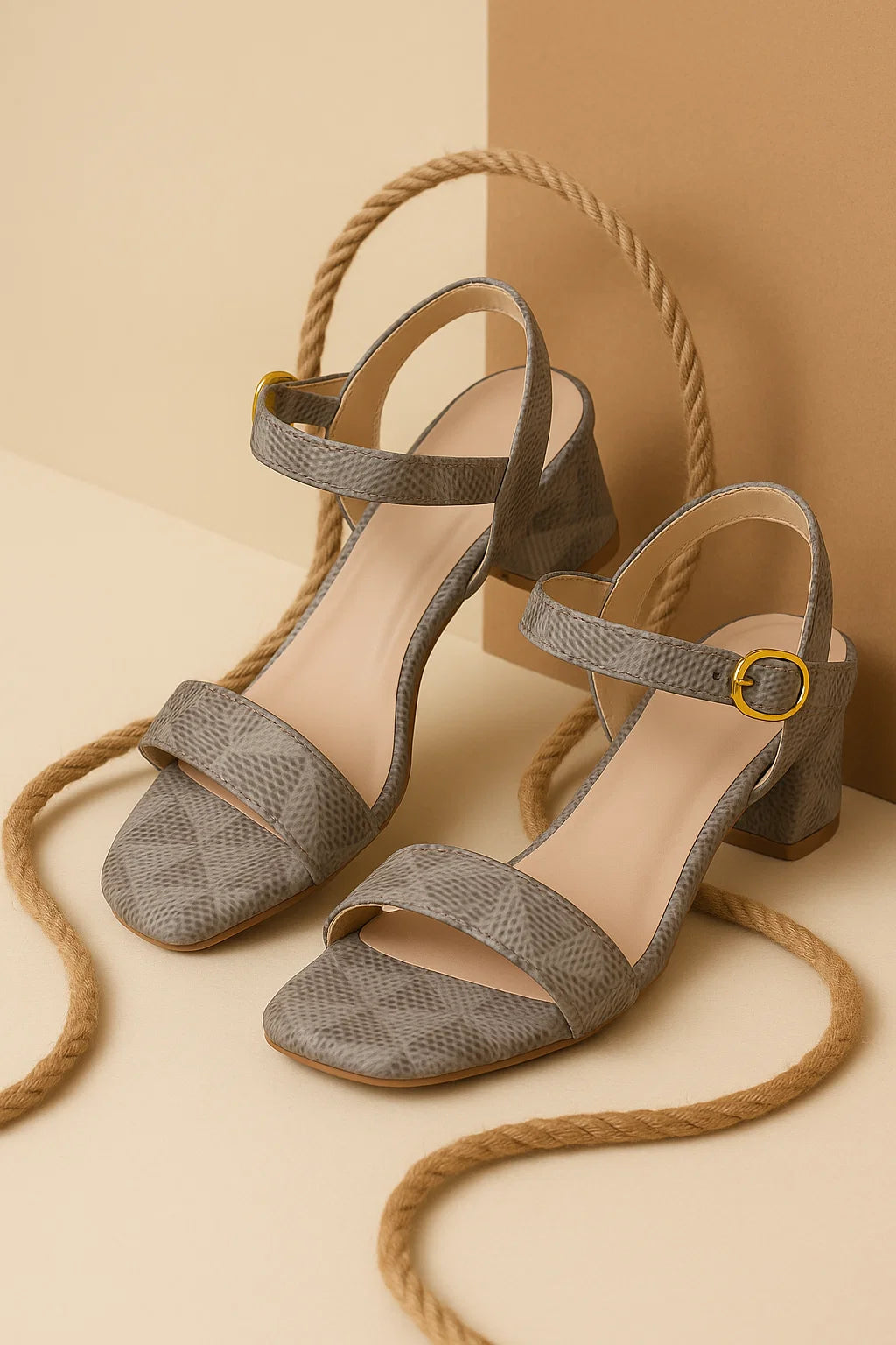 Elegant Grey Textured Block-Heel Sandals by Shunya